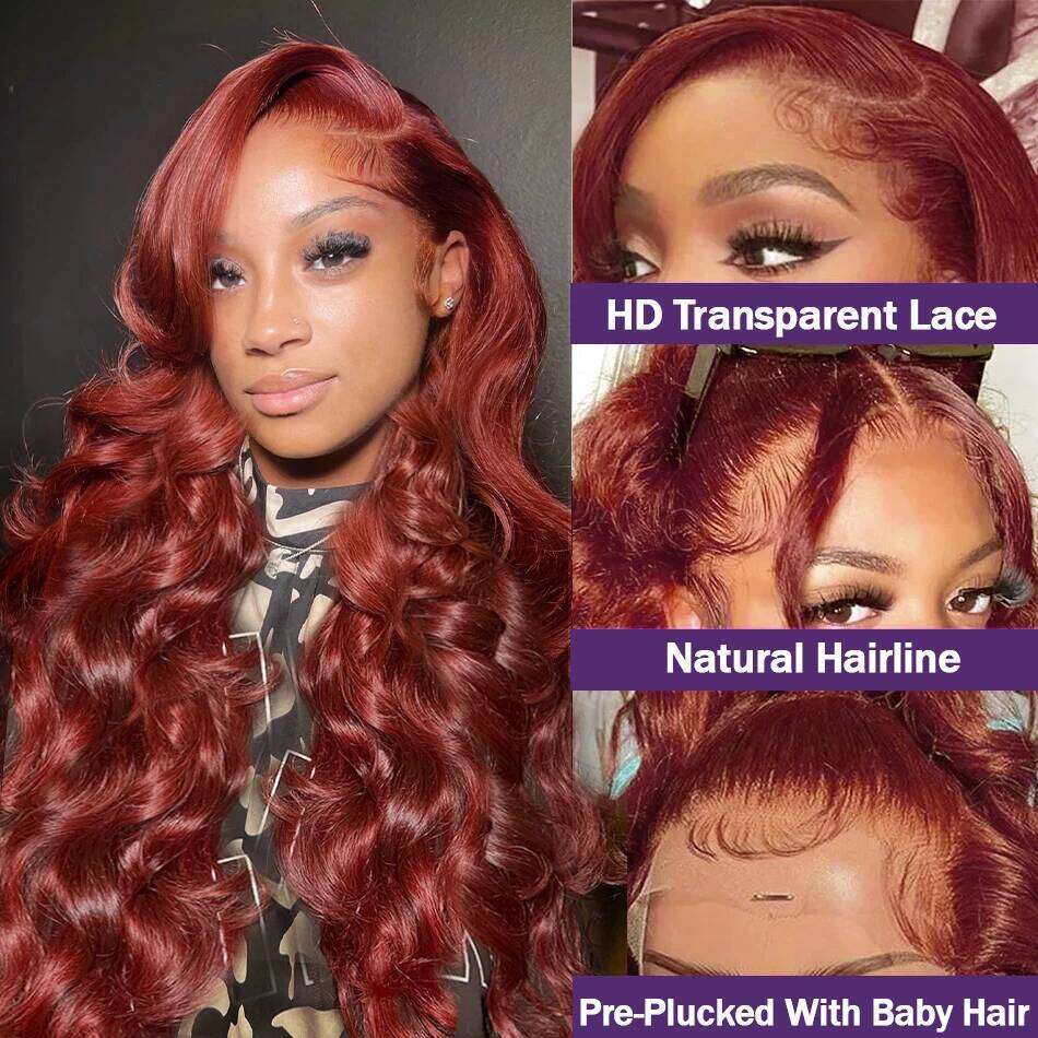 200 Density Body Wave 5x5 Red Brown Frontal Brazilian Remy HD Transparent Lace For Women 100% Human Hair Closure Wigs