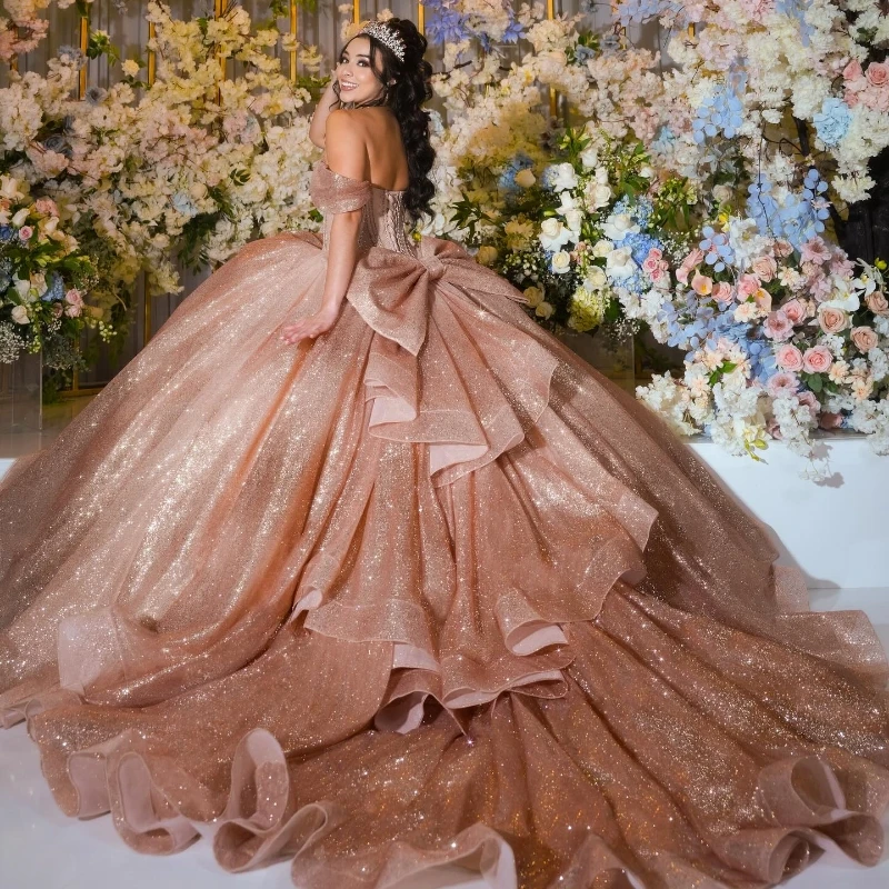 Customized Rose Gold Glittering Quinceanera Dresses Off Shoulder Beading with Bow Ball Gown Sweet 16 Prom Dress