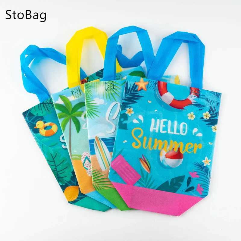 Summer Brother Holiday Portable N Woven Portable Shopping Gift Bags Beach Kids Games Surfing Toys Snacks Theme 12pcs B250618
