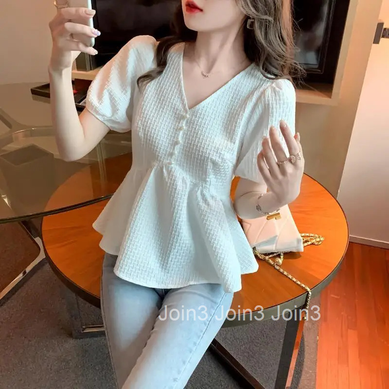 Clothing Ruffle Womens Shirts and Blouses Frill Top for Woman Chiffon with Puffy Sleeves V Neck White Tall Elegant Social M Y2k
