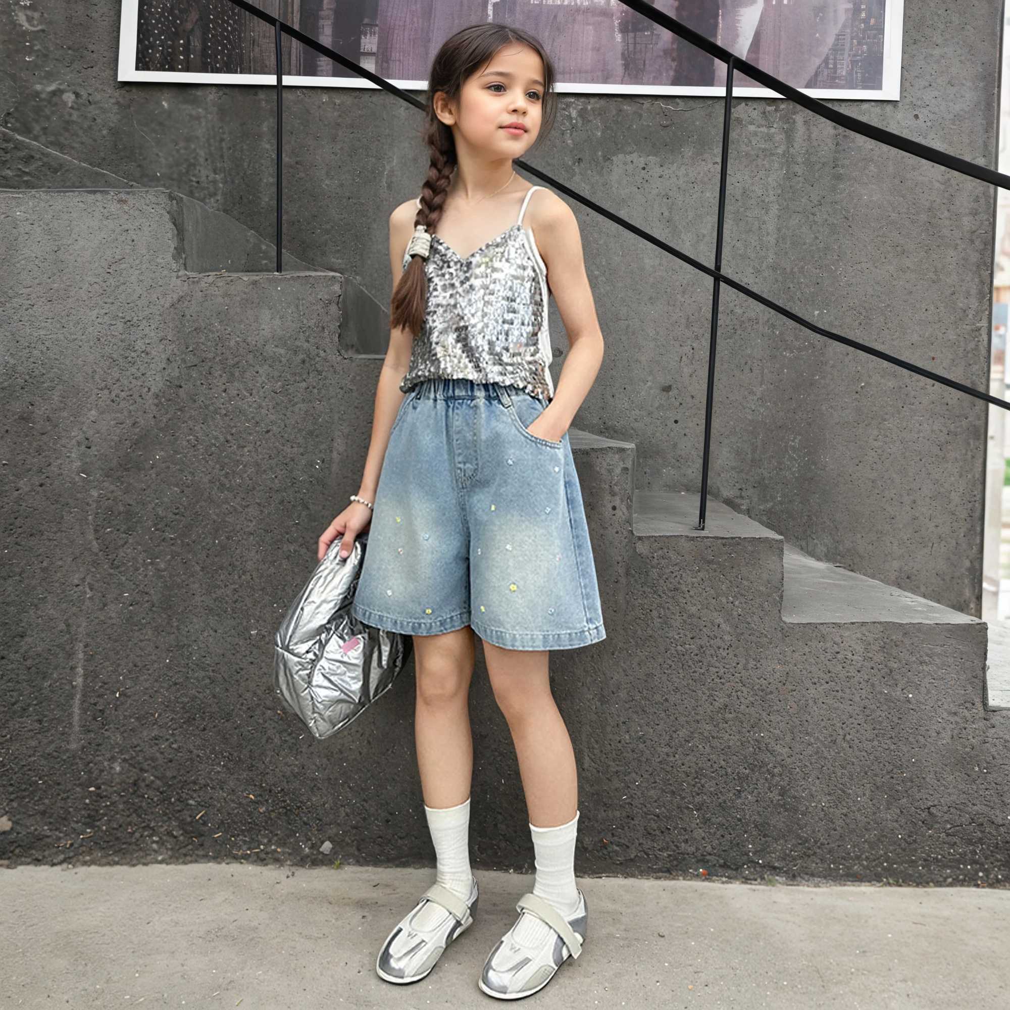 Girls summer small flower denim shorts 2025 new fashion jeans casual sports shorts 5-15 years oldC250617