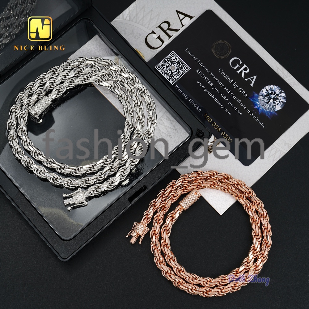 VVS Moissanite Clasps Sterling Silver Rope Chains18k Gold Plated Hiphop Fashion Men Women 6mm Moissanite Rope Chain