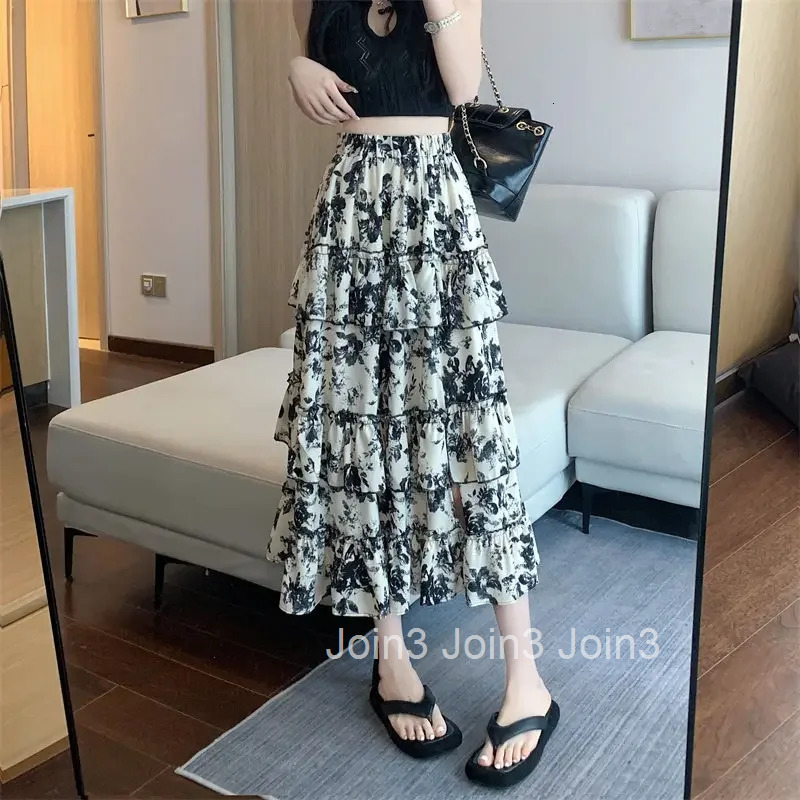 Midi Ruffle Skirts for Women Floral Patchwork Woman Skirt Clothing Sales Casual Premium 2025 Trend A Line Streetwear New in V