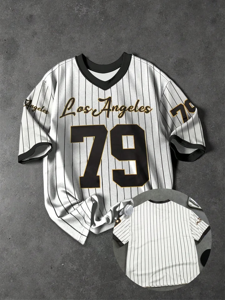 College print mens sweatshirt Vneck black shortsleeved shirt Retro fashion baseball style 250618