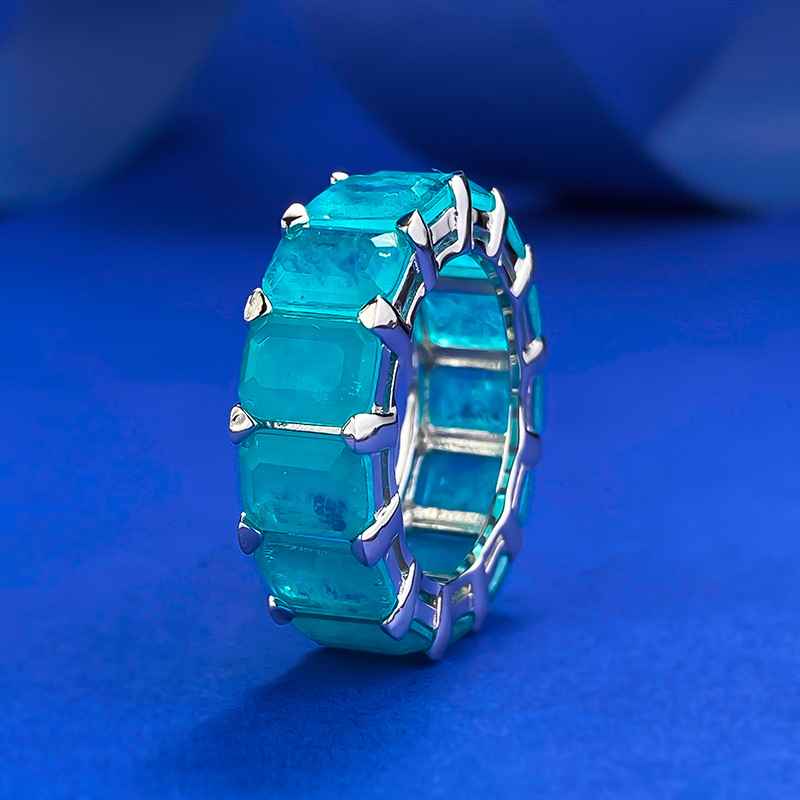 Elegant Rectangular Paraiba-Inspired 925 Sterling Silver Band Featuring a Line of Sparkling Diamonds
