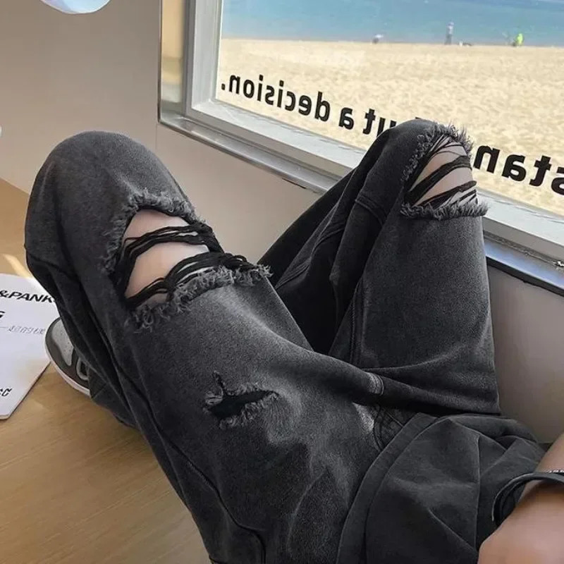 Mens Jeans Broken Black Torn Man Cowboy Pants Ripped Trousers Straight with Holes Clothes Y2k 2000s Summer High Quality Baggy 250618