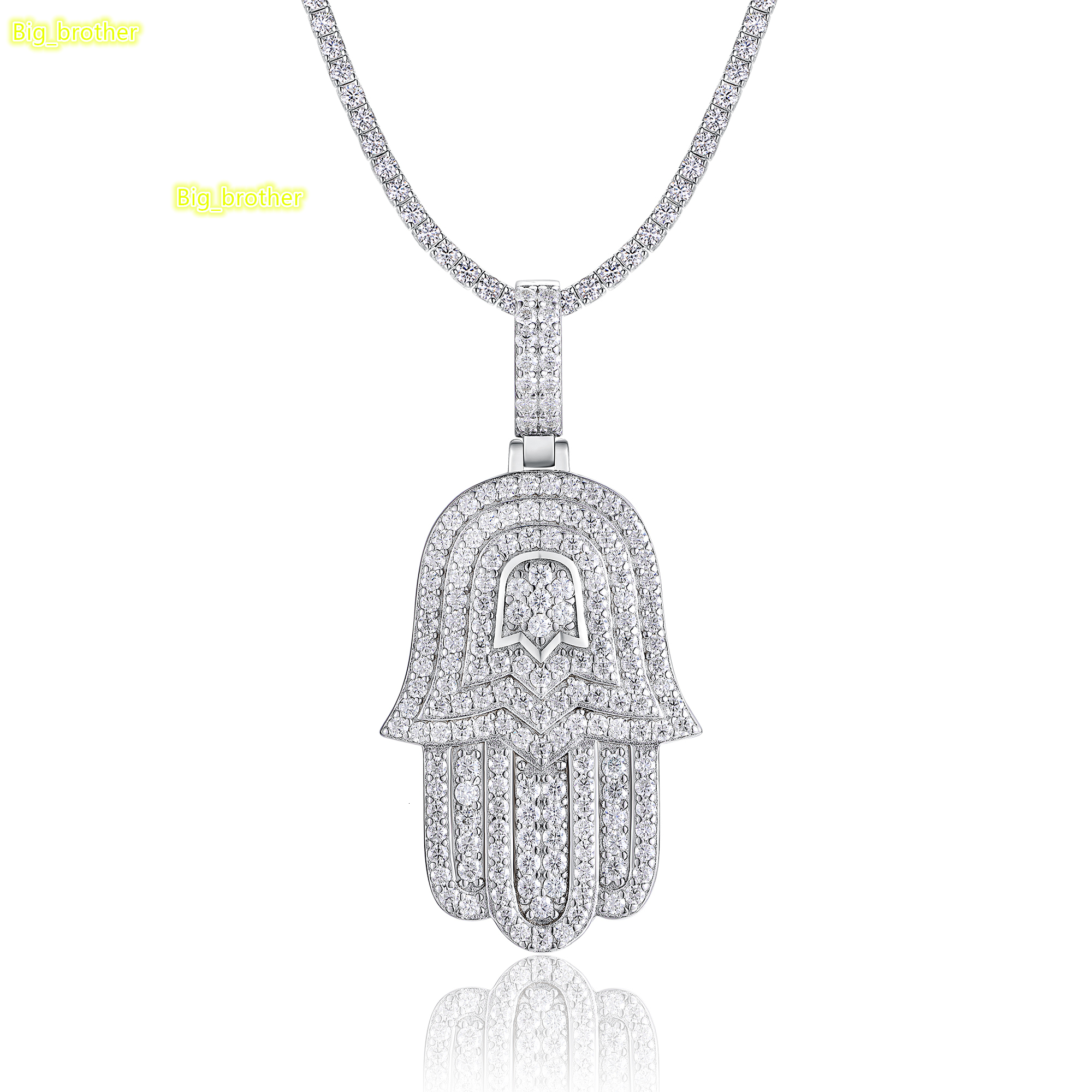 Full Moissanite Hamsa Pendant Necklace 925 Sterling Silver 18K Gold Plated Minimalist Fashion Hip Hop Style GRA Certificate