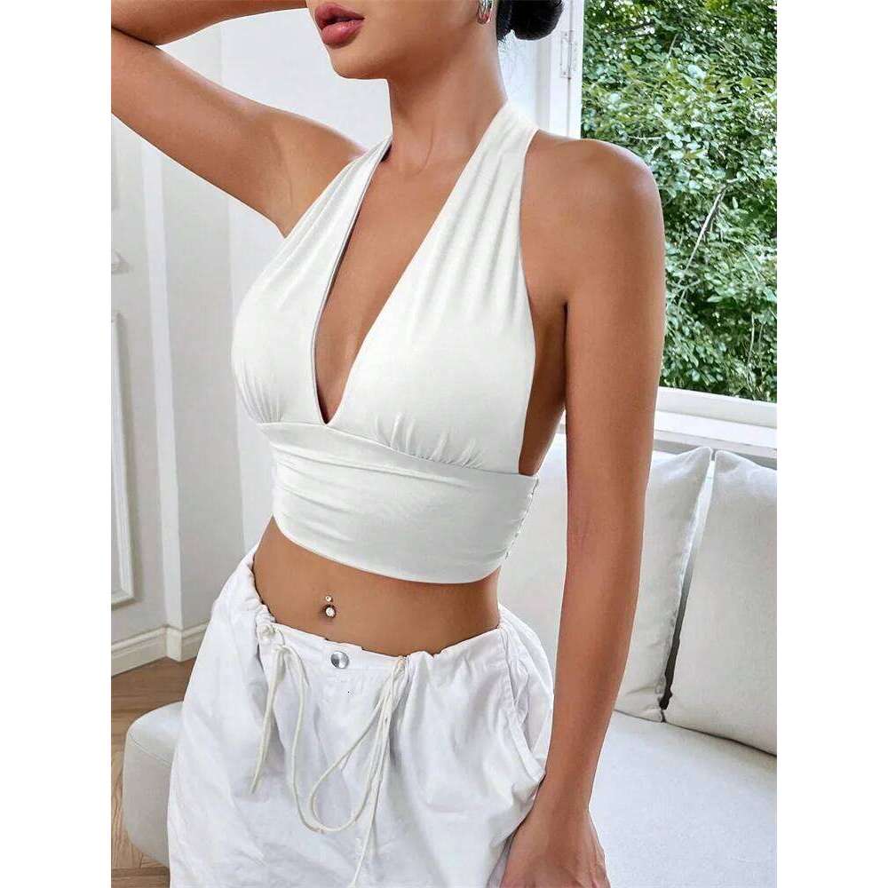 Sleeveless Backless Deep V-Neck Halter Top Women Summer 2024 Club Party Sexy Solid Color Crop Tops Streetwear Y2k Clothes