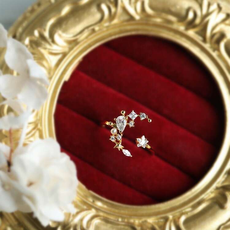 New and Sixpence Light Luxury Fairy Irregular Zircon Star Moon High-end Simple Open Ring for Women