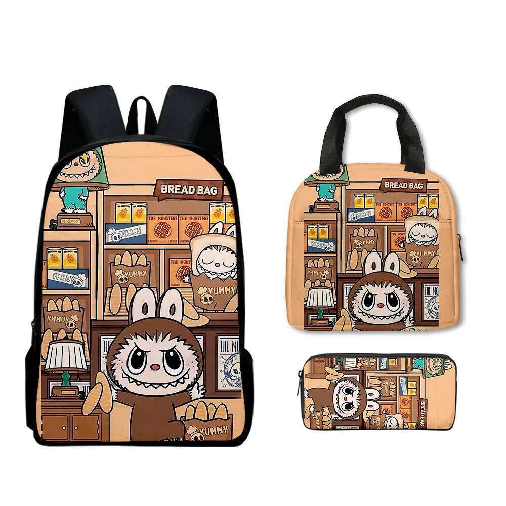 Popular Youthful Novelty Labubu 3D Print 3pcs/Set Travel bags Laptop Daypack Backpack Portable Lunch Bag Pencil Case