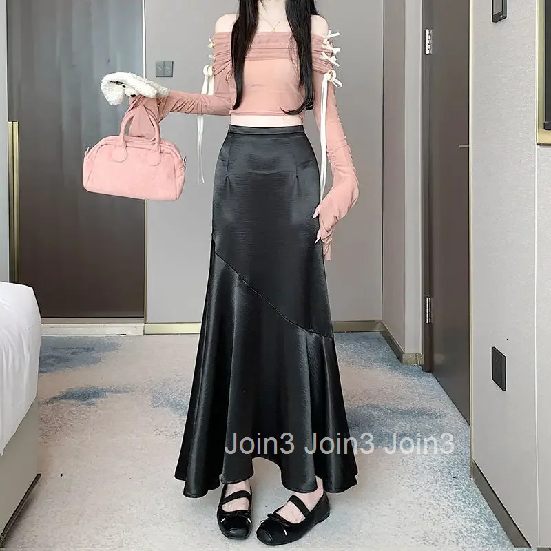 High Waist Long Woman Skirt Silk Patchwork Satin Maxi New in Harajuku Premium Clothing Sales Cheap 2025 Trend V Skirts for Women