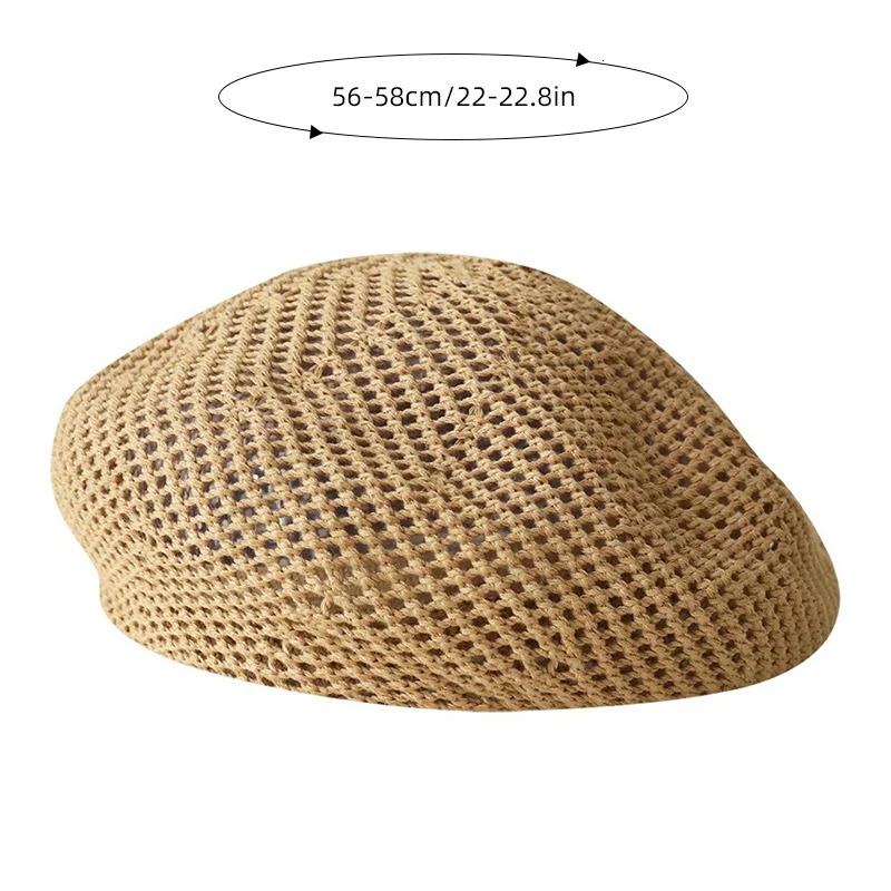 Korean Straw Woven Berets for Women Summer Thin Hollow Mesh Painter Cap Solid Color Breathable Female Lady Pumpkin Hats 250604
