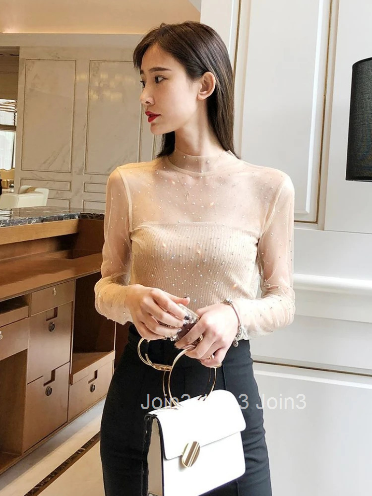 Mesh Sexy Woman T-shirt 2025 Top for Women Clothing Glitter Sequin Tshirt Rhinestone Xxl New in Funny Simple Cheap Stylish O Tee