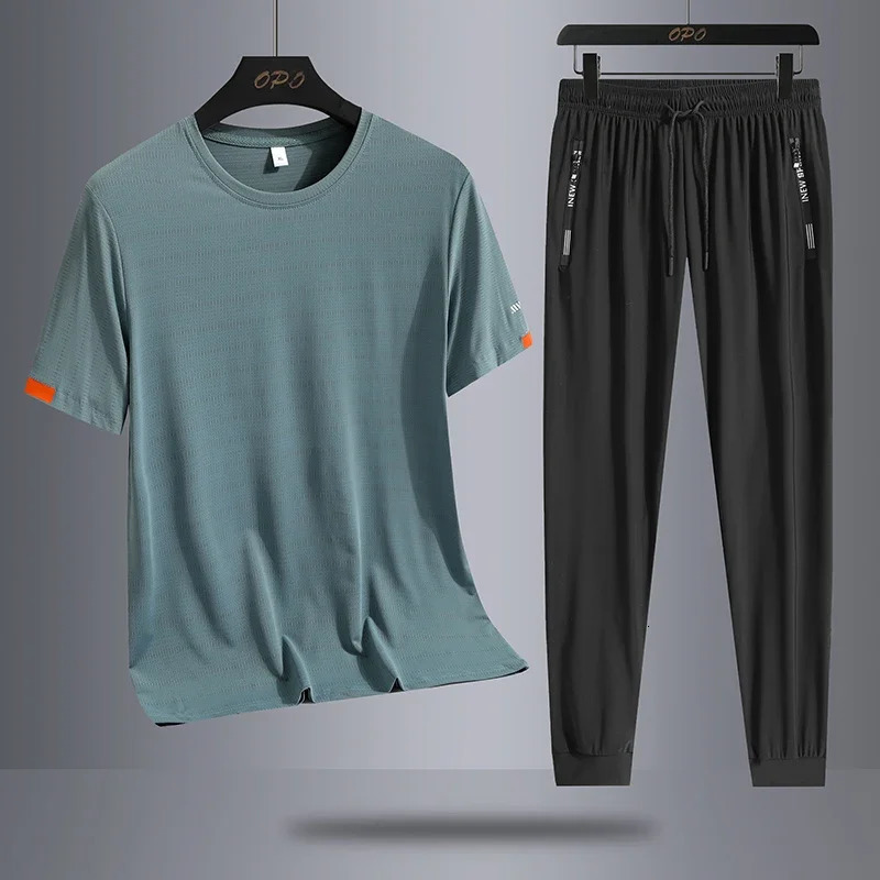 Ice Silk Quick Drying Set Sports Two Piece Set Male Trendy Ice Cool Mesh Quick Drying Breathable Short Sleeve T-shirt Long Pants 250617