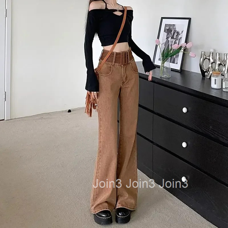 Brown Pants for Woman Flare Womens Jeans High Waist Shot Trousers Bell Bottom Flared Gyaru Wide Leg Hippie Korean Fashion Emo A