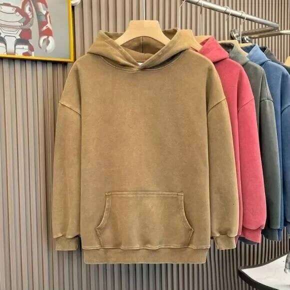 400g Pure Cotton American Vintage Style Solid Color Loose Hoodie Couple Jacket for Men