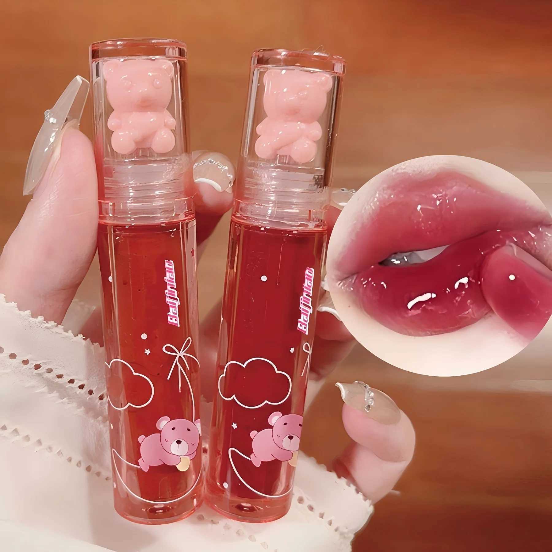 6 color lip glaze cute little bear mirror gloss jelly lips with sparkling light dew water long-lasting stain resistant transfer XJ250618