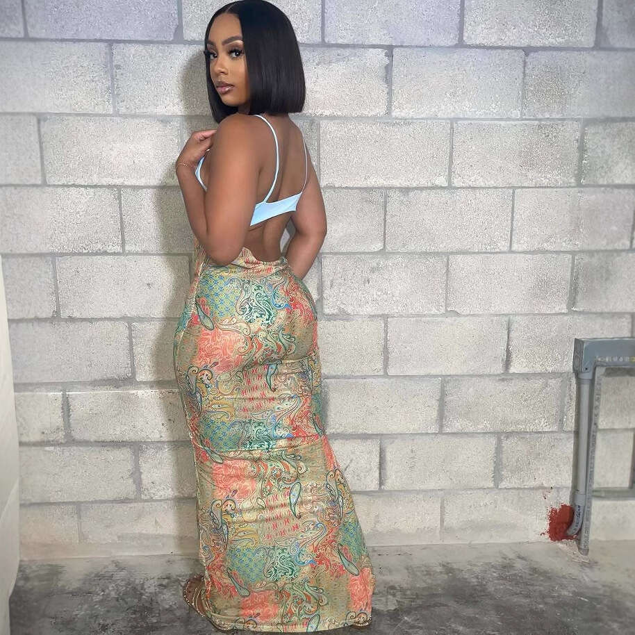 Summer New Women's Sexy Printed Strapless Backless Slim Fit Asymmetrical Long Dress B5