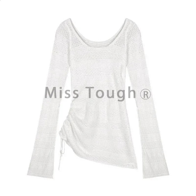Autumn Sexy Mesh Long Sleeve Sweater Women Summer French Hollow Thin Sunscreen Tops Korea Chic Knitted Casual Beach Pullover 250614