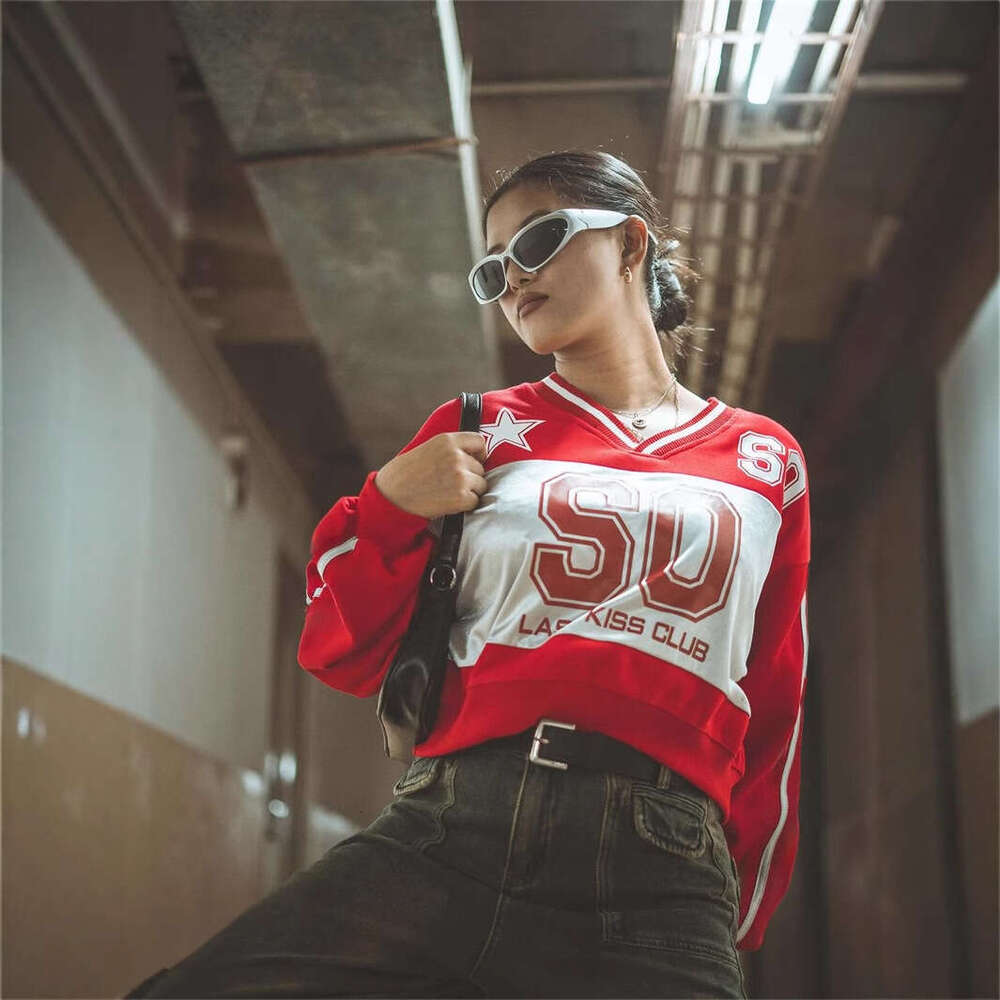 Autumn New Letter Print Sports Jersey Loose V-Neck Color Block Long Sleeve Top For Women B5