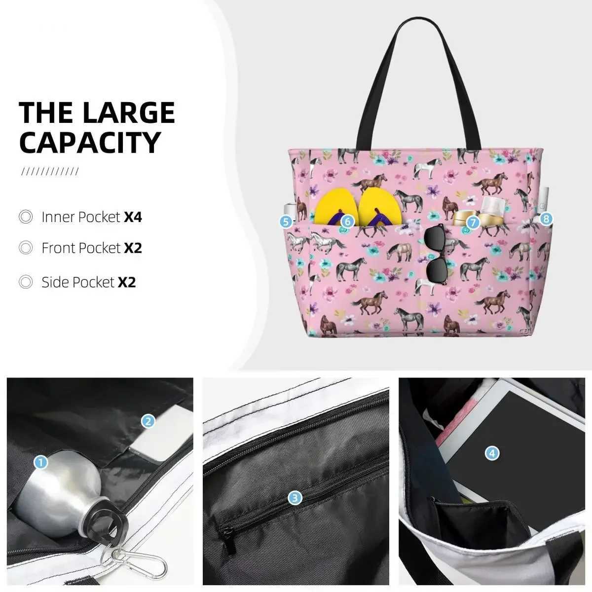 Horses And Flowers On Pink Equestrian Art Beach Travel Bag Tote Popular Large Capacity Out Birthday Gift Multi-Style Pattern W250618