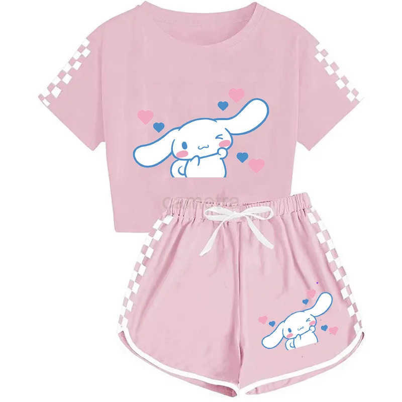 Sanrio Girls Cartoon T-Shirts and Shorts Set Cinnamoroll Kuromi Soft Pajamas Short Sleeve Set Summer Sport Clothes Homewear Gift XJ250618XJ250618