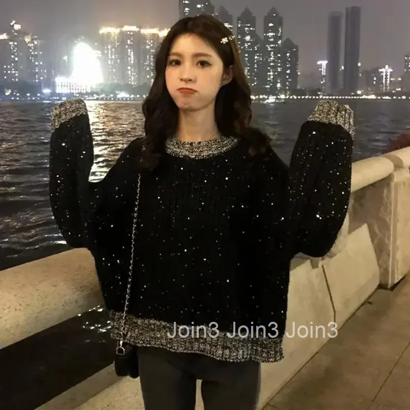 Womens Sweater Black Round O Neck Knit Tops For Woman Pullovers Cheap And Stylish Offers Clothes Harajuku Fashion Korean