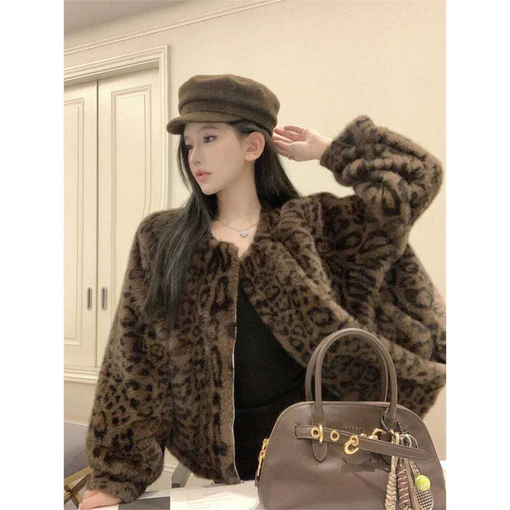 Fashion Women Leopard Fur 2024 Autumn New Plush Fluffy Jackets Zipper Up High Street Sexy Short Winter Coat Jaquetas