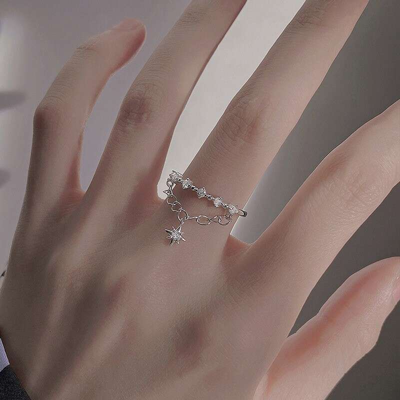 Trendy Luxury Star Adjustable Open Ring for Women with Hexagram Double Layer Chain