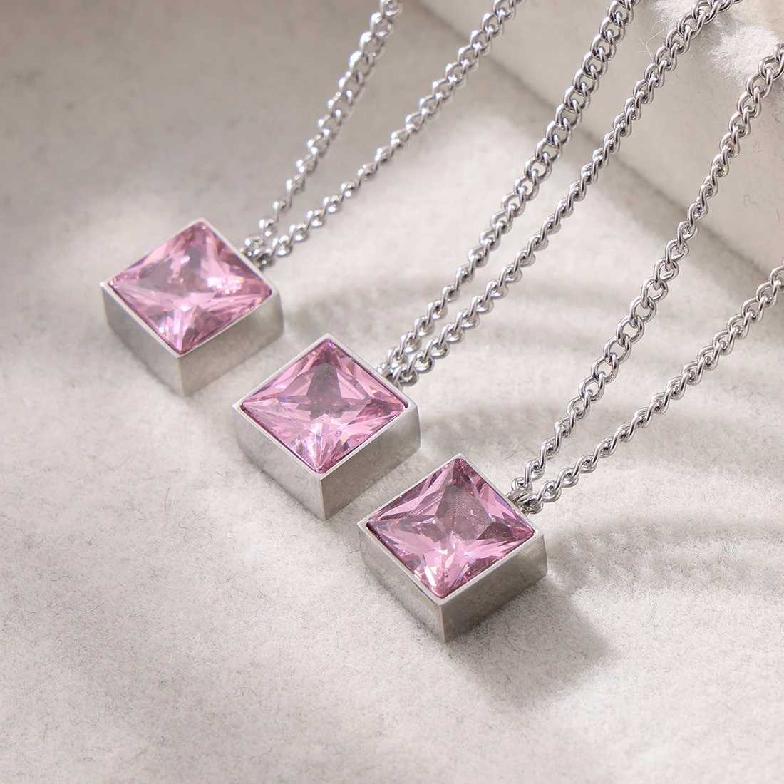 Elegant Square Pink Zircon Pendant Necklace for Women Simple Stainless Steel O Chain Waterproof Daily Jewelry Wholesale W250618