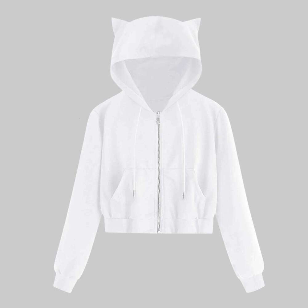 Women's Short-Cropped Hoodie with Cute Bunny Ear Details & Practical Zippered Side Pocket