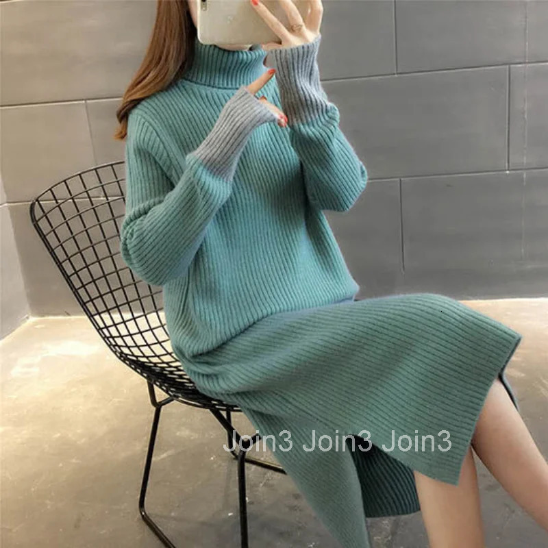 Midi Female Dress Split 2025 Cover Up Knitted Womens Dresses Clothing Crochet Knee Length Offer Elegant Hot Outfits Turtleneck