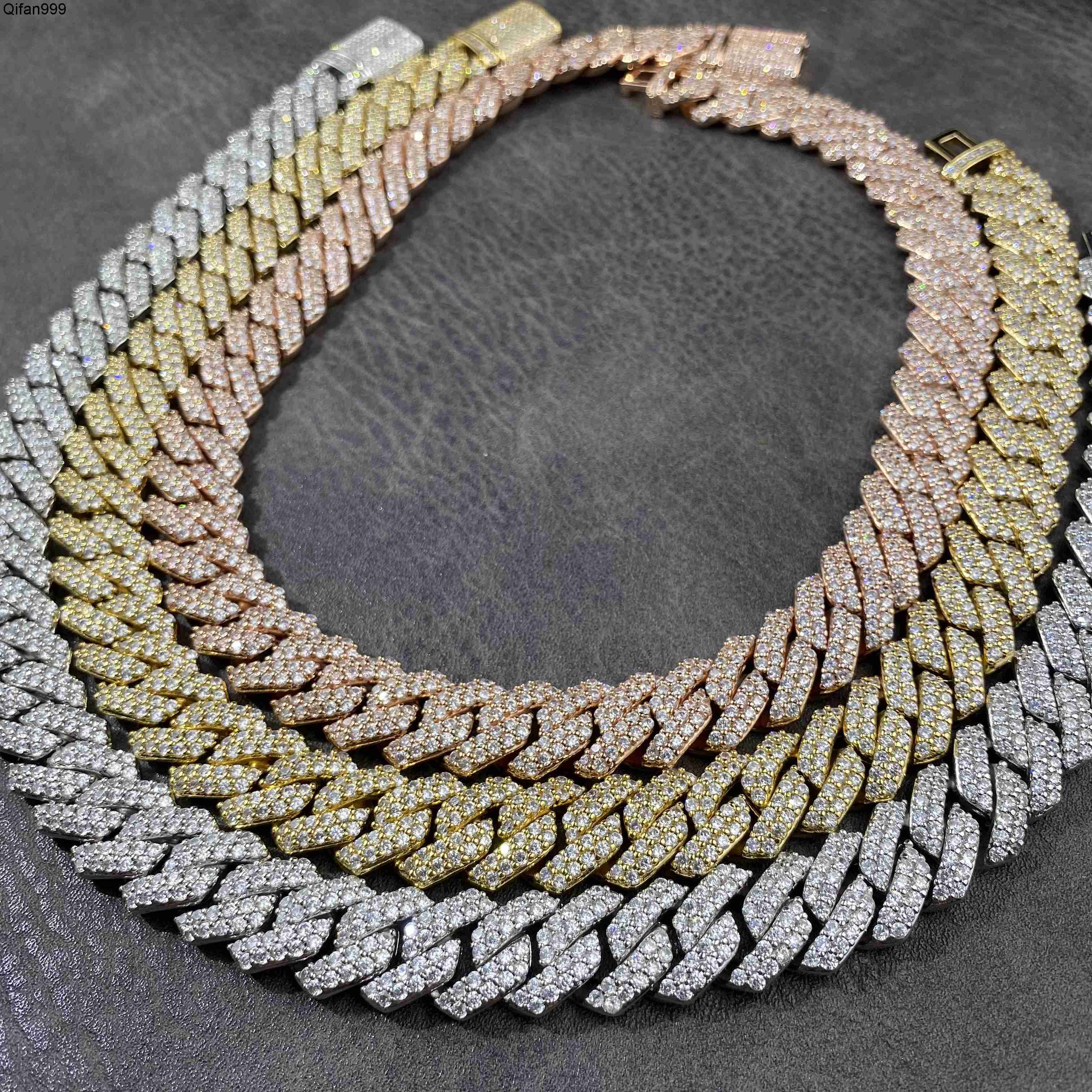 Man Hip Hop Jewelry Zircon Diamond Choker Necklace Gold Plated 14mm Prong Cuban Link Chain Bracelet for Women Men