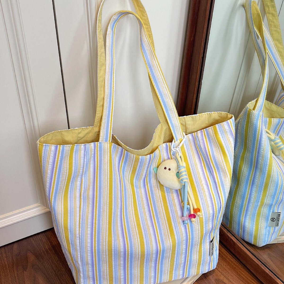 Free shipping designer Commuting Lazy Style Double-Sided Canvas Bag for Women 2025 New Color-Block Striped Tote Bag Large Capacity Shopping Bag