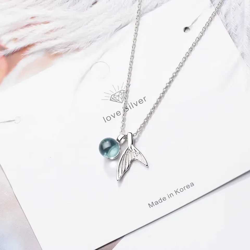 S925 Sterling Silver Womens Sapphire Bead Mermaid Tail Pendant Necklace (40cm+3.5cm) Luxury Jewelry W250618