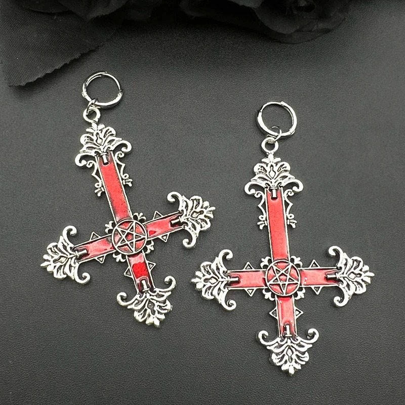 Gothic Large Silver Colour Enamel Cross Earrings with Black Punk Hallowmas Jewellery Gorgeous Wedding Statement Women 250617