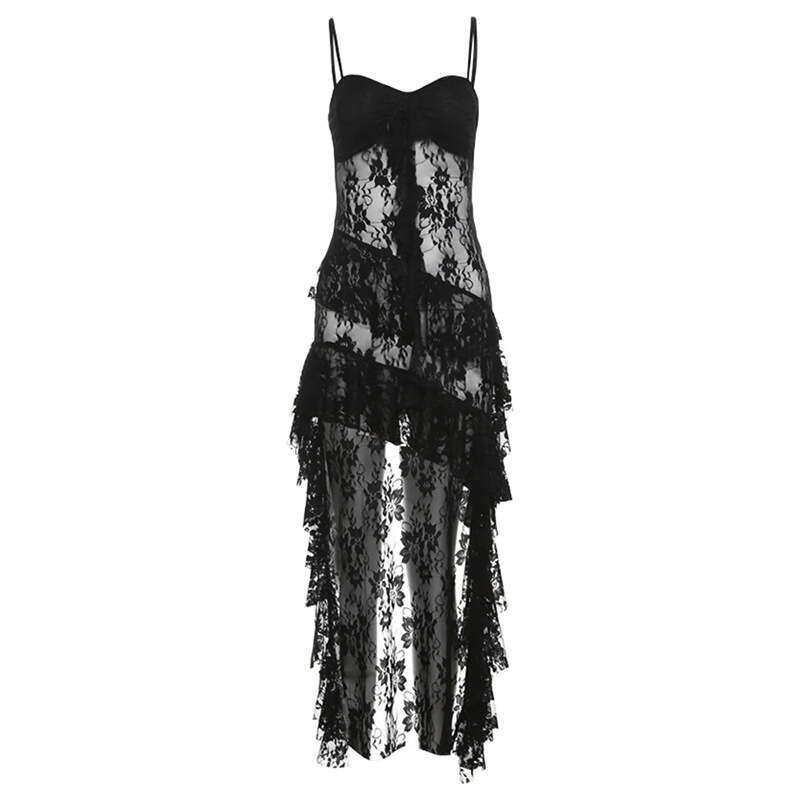Summer New Women's Solid Color Slim Fit High Waist Fashion Spaghetti Strap Backless Lace Dress B5