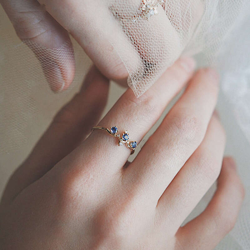 Light Luxury Micro Paved Blue Zircon Open Ring Ins Gold Color Thin Band for Women