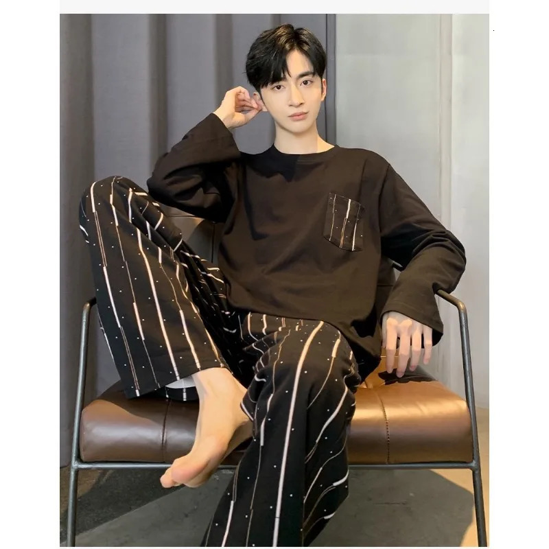Men Pajama Set Simple Loose Breathable Cotton Pajamas Round Neck Student Loungewear Plaid Striped Trousers Can Be Worn Outside 250618