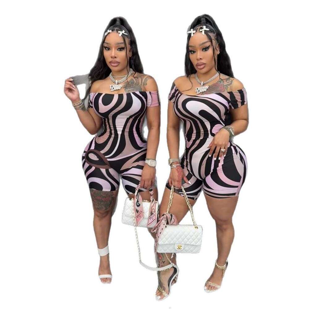 Summer Women's Geometric Print Short Sleeve Slim Fit Jumpsuit B5