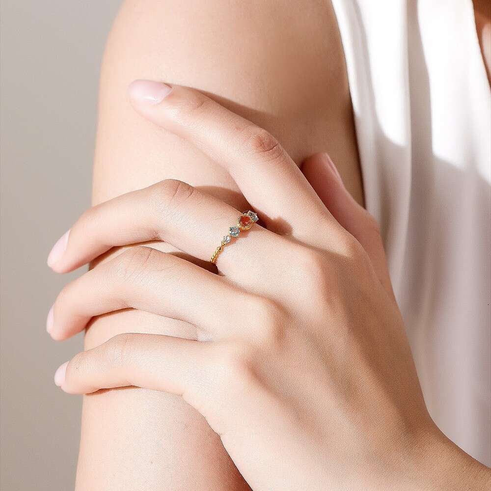 Orange and Sea" Gold-Plated High Imitation Stone Natural Blue Topaz Colorful Light Luxury Versatile Women's Ring
