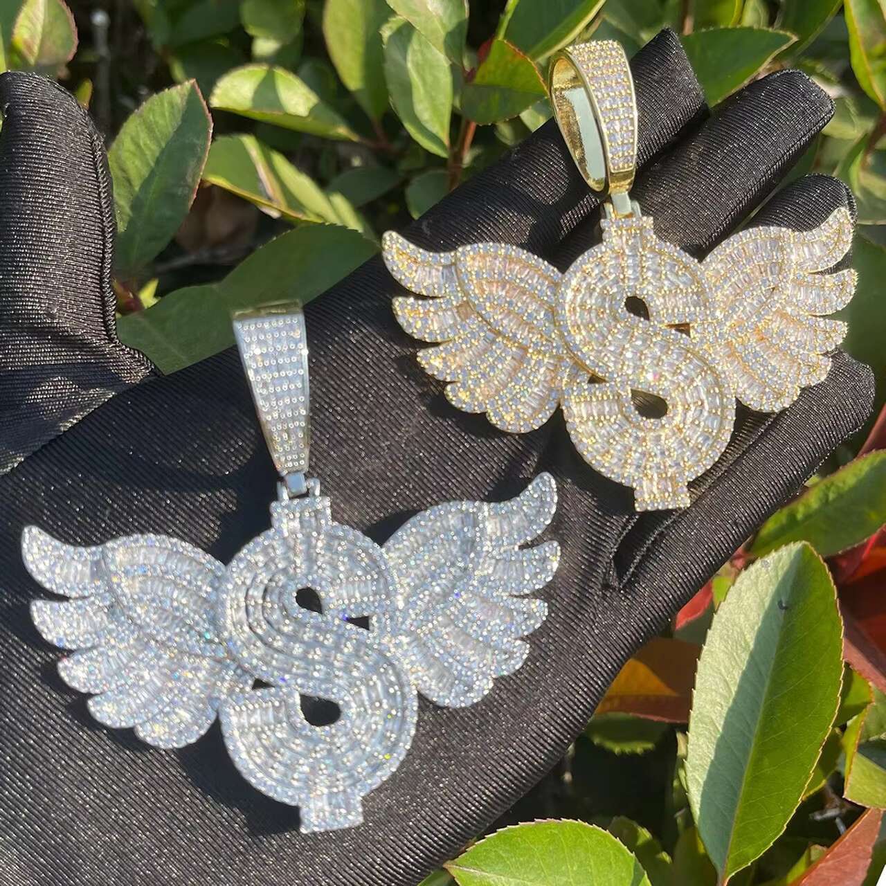 Luxury 925 Silver Wing Dollar Sign Baguette Blinged Pendant Hip Hop Style Moissanite Pendants Charms Chain Necklace Design