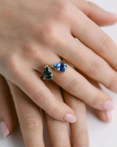Toi Et Moi 4 Ct Two Pear Cut Moissanite Engagement Ring Blue and dark green Moissanite Engagement Ring Two Tone Ring