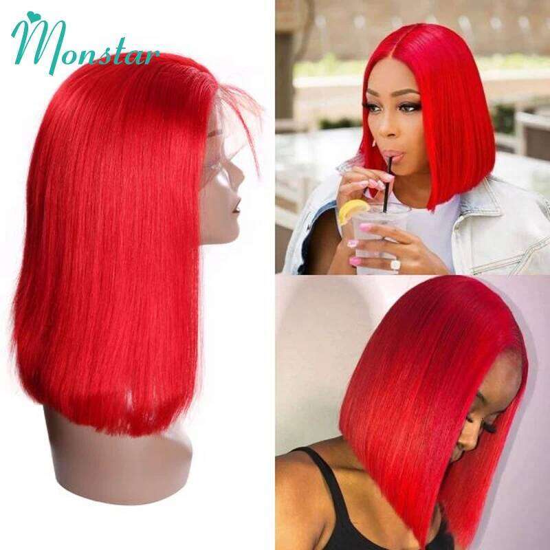 13x6 Red Colored Lace Front Human 13x4 Short Bob Straight Brazilian Hair Transparent Preplucked 5x5 Closure Wig