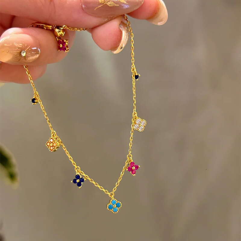 Luxury Jewelry Designer Bracelet S925 Pure Silver Lucky Four Leaf Flower Mini Four Leaf Flower Colorful Bracelet Versatile Summer Style Bracelet