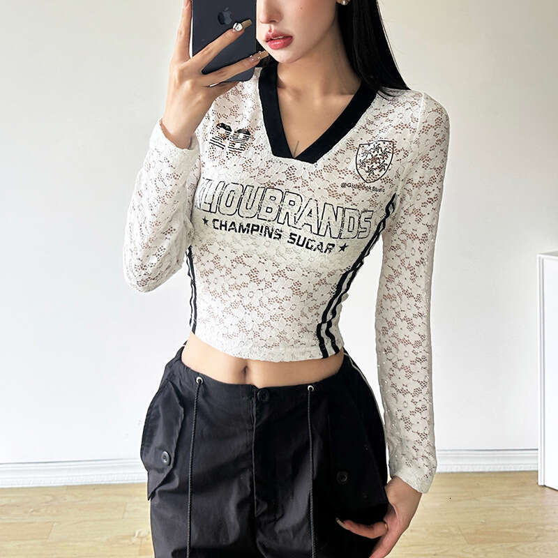 Autumn New Women's Solid Color Slim Fit Crop Fashion V-Neck Long Sleeve Printed Top For Women B5