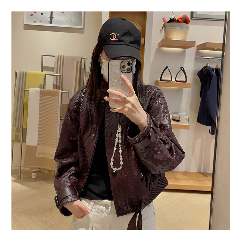 Keli leather jacket lightly painted red imported lamb real leather jacket women's coat