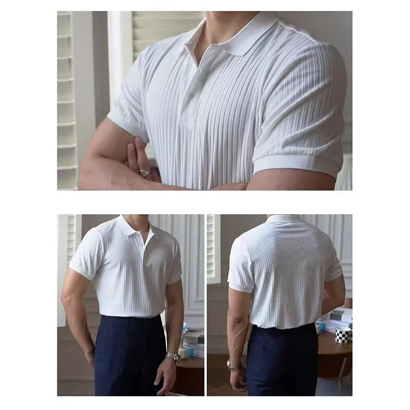 Male Casual Vintage Comfortable Lapel T-shirt Knitted Top 2025 Summer Men Trendy Striped Solid Color Short Sleeve Polo Shirt 250617