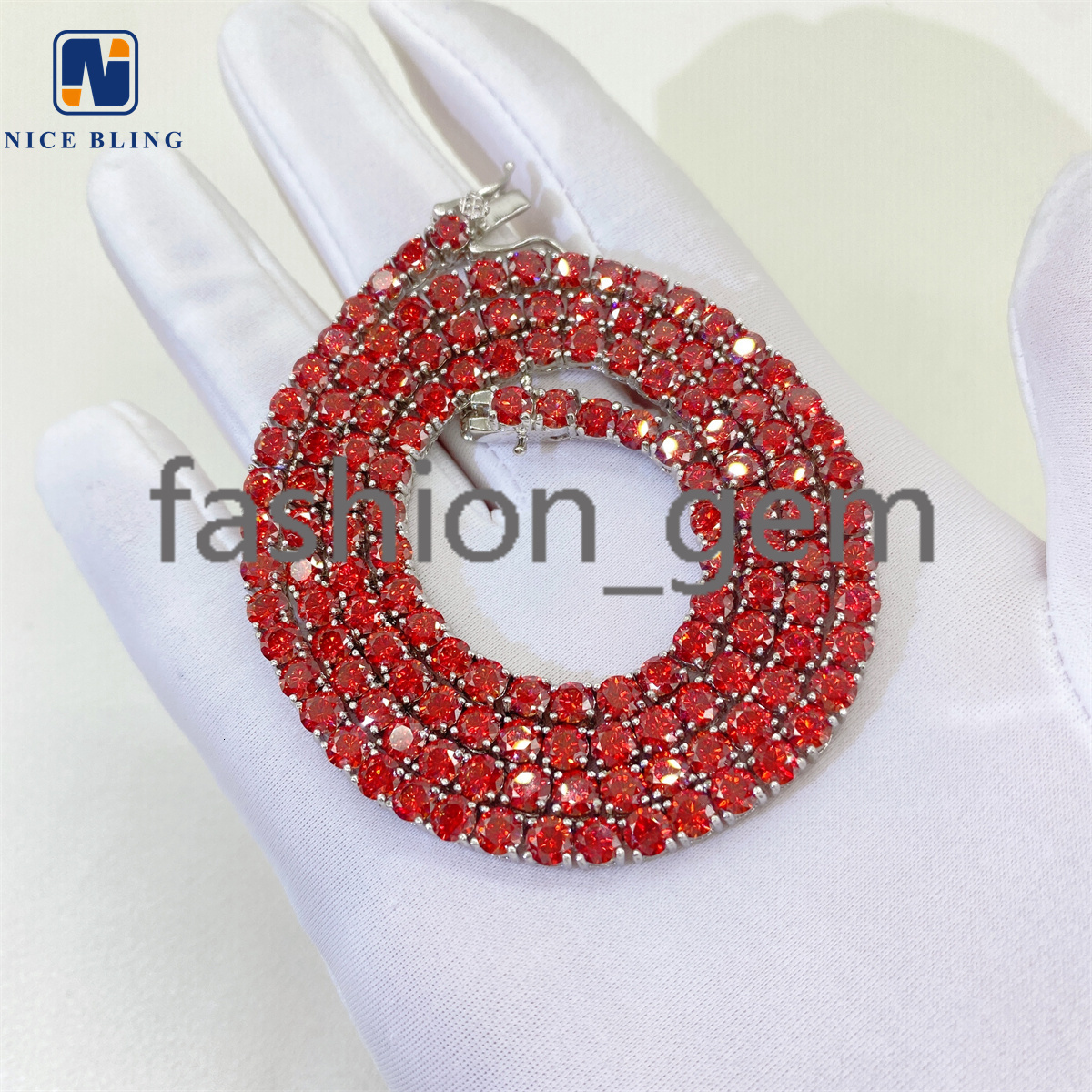 Garnet Red Tennis Chain Bling HipHop Jewelry Iced Out VVS Moissanite Diamond Necklace 4mm Colored Chain