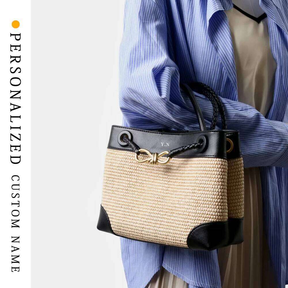 Summer Butterfly Rope Knot Rafia Cowhide Leather Handbag Fashion One-Shoulder Crossbody Bag Supports Custom Gold Hot Stamping